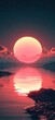 a red sun is shining over a body of water with mountains in the background