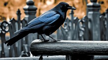 AI Generated Illustration Of A Raven Perched On A Bench With A Cityscape In The Background