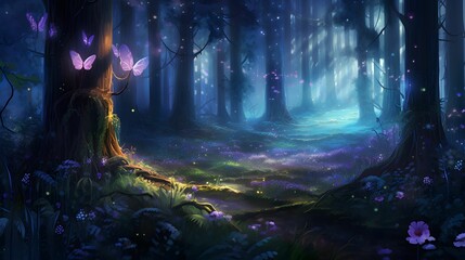 Wall Mural - AI generated illustration of a landscape of a fantasy forest with purple butterflies