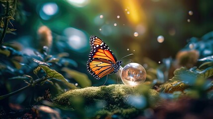 Poster - AI generated illustration of A vibrant orange and black Monarch butterfly perched atop a lush green