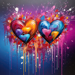 two heart - shaped rainbow - colored paintings are displayed in front of paint spathes