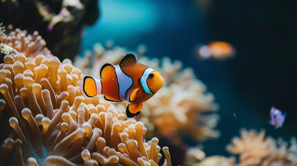 Wall Mural - Clown fish on an anemone underwater reef in the tropical ocean. Made with generative ai