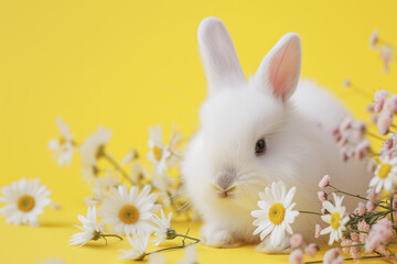 Wall Mural - White Bunny, Sweetness with Spring Flowers on Yellow Background with Copy Space