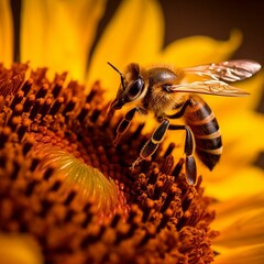 Wall Mural - AI generated illustration of a bee perched atop a sunflower, illuminated by the yellow petals