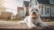 AI generated illustration of a white Terrier sitting on the street against a house