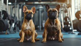 Fototapeta Sport - Two dogs at the gym. Two dogs durig dog fitness trainig. Gymnastics accessories. Fitness equipment. gym dogs.