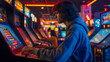 An immersive photograph featuring a gamer enjoying a modern video game with a design reminiscent of classic arcade games, capturing the essence of gaming nostalgia.