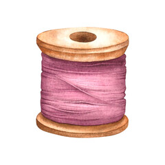 Dusty pink thread concept. Wooden spool of thread for clothing production. Hand drawn watercolor illustration of a reel on an isolated background. Tool for needlework. Poster or banner for the website