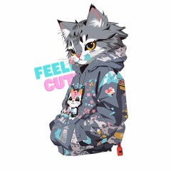 Wall Mural - AI generated illustration of A close-up image of a gray cat wearing a hoodie