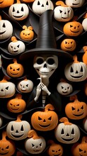 A Toy Skeleton Surrounded By An Abundance Of Intricately Carved Pumpkins