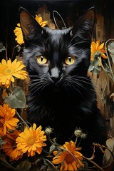 Naklejka na meble Beautiful black cat perched next to a vase of yellow flowers, AI-generated.