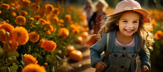 Wall Mural - Young girl with a cheerful expression walking through a vibrant meadow of wildflowers, AI-generated.