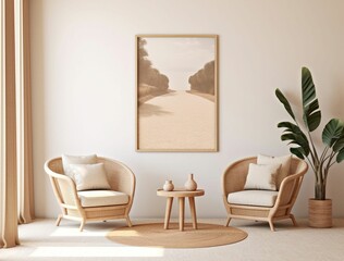 Two brown rattan chairs with a small wooden table in a cozy room. AI-generated.