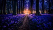 AI Generated Illustration Of A Forest With Purple Flowers At Golden Hour