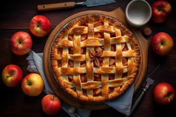 Poster - Uncut apple pie with apples scattered around it, AI-generated.