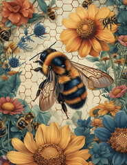 Wall Mural - Bees scrapbook paper, Beehive, Junk Journal, Scrapbooking, Digital Paper, Florals in yellow, orange, green and Gold