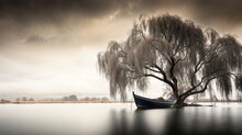 There Is A Lone Boat On The Water By A Tree