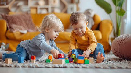 Two kids playing with colorful blocks on the floor in children's room