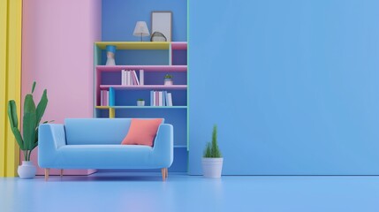 Wall Mural - Modern interior, living room with solid color and bookshelf.