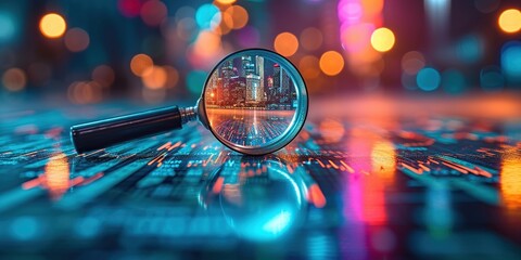 a magnifying glass on business charts background