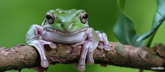 Wall Mural - Australian whites tree frog sitting on branch, Green tree frog 