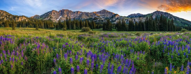 Wall Mural - AI generated illustration of a wildflower meadow sunset