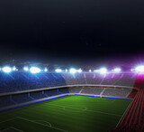 Fototapeta Sport - Aerial view. Illuminated empty football stadium at night with starry sky. Vibrant crowdy stages looks as France flag. Concept of sport, championship tournaments 2024, league, match, win. Ad