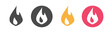 Fire flame heat icon vector simple graphic pictogram logo set, ignite flammable symbol shape silhouette flat cartoon illustration, fireplace hot button, blaze burn danger sign image clipart