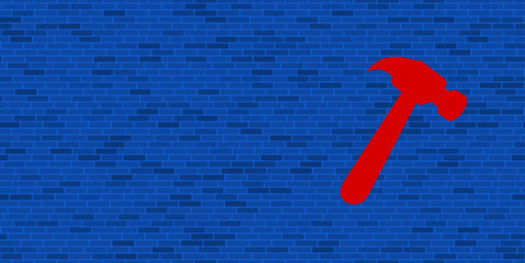 Wall Mural - Blue Brick Wall with large red hammer symbol. The symbol is located on the right, on the left there is empty space for your content. Vector illustration on blue background