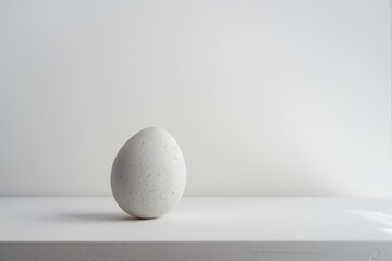 Single speckled Easter egg standing on white background. Minimalist Easter egg with a soft shadow on a neutral surface and space for text