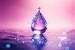 Large drop of liquid water, oil, rain on gradient blue and pink background. Water drop falling on water surface closeup. Toner, emulsion or lotion. Hyaluronic serum. Cosmetic moisturizing concept
