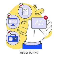 Wall Mural - Media buying process concept. Hand selecting the best advertising spaces across various platforms. Strategic placement for optimal ad visibility. Flat vector illustration.