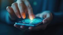 Person’s Finger Makes Contact With A Cell Phone Screen Unlocking A Smartphone With The Touch Of Fingerprint. Biometric Modern Fingerprint Technology