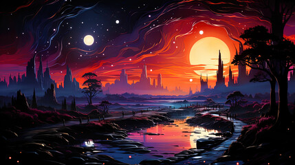 Poster - Abstract neon landscape, in which color lines create the impression of galactic tra