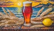 © Yunus - Picture of a ornamented beer glass and a wheat ornament around the edges for a summer environment, blue sea, sunset