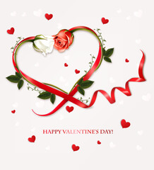 Leinwandbilder - Happy Valentine's Day beautiful background with red and white roses and red heart shape ribbon Vector.