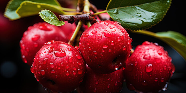A beautiful apple on a branch on a cloudy day, among the drops of rain and fresh h