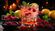 A colorful cocktail in glassware, with red berries and lemon, reminds of the summer carnival in ev