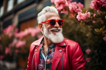 Wall Mural - Portrait of a happy senior man in red leather jacket and sunglasses outdoors.