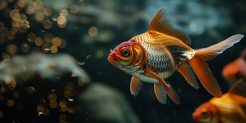 Wall Mural - Goldfish swimming in the water, close up view, copy space. Photorealistic nature background with bokeh effect. 