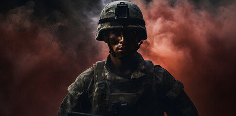 Special operations forces soldier in military ammunition covered with smoke. Concept of defense, war, weapons and protection