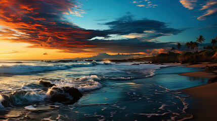 Wall Mural - A panoramic view of the beach, where a reflection of sunset in the waters of the ocean creates inc