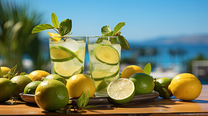 Wall Mural - A photograph of lemon Fresh with ice and lime slices, against the backdrop of a bright sunny day,