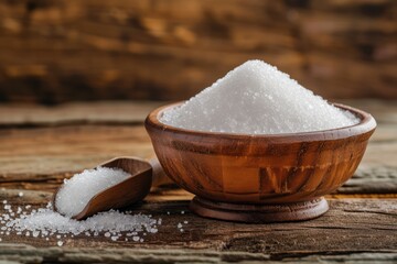 Front view of a wooden bowl full of white sugar beside a serving scoop against a rustic wooden table. Predominant color is brown.