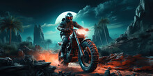 A Real Raider, Flying On His Neon Bike Into Desert Night Spaces, As If On A Luminous Wave Of Freed
