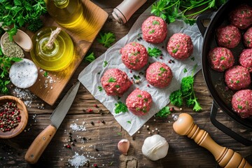Wall Mural - Front view of various raw beef meatballs on a wax paper surrounded by some kitchen utensils 