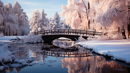 A snow covered bridge in a winter landscape framed by sparkling snow crystals and ice patter