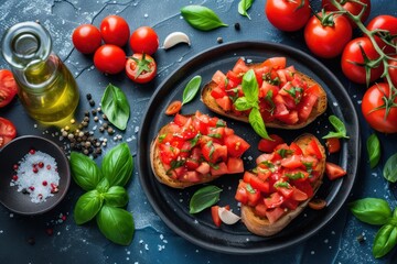 Poster - High angle view of a homemade Italian bruschetta made with cherry tomatoes, basil, olive oil, garlic and salt disposed on a black plate 