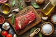 High angle view of a raw fresh beef steak on a wooden cutting board surrounded by various ingredients for seasoning meat 