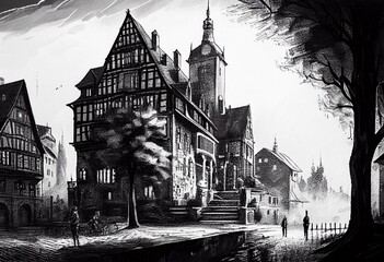 Wall Mural - Graphic sketch depicting traditional urban European landscape. Generative AI